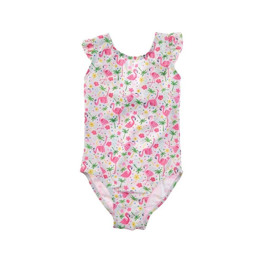 Flap Happy Girls  One Piece Flamingo Party Swimsuit, White